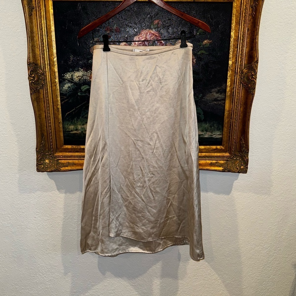MNG MANGO Tan Satin Wrap Midi Skirt Size XS NEW